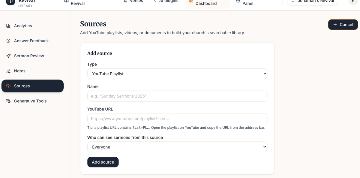 Berean Library sources dashboard showing the Add source form with YouTube Playlist selected, name field, and URL input